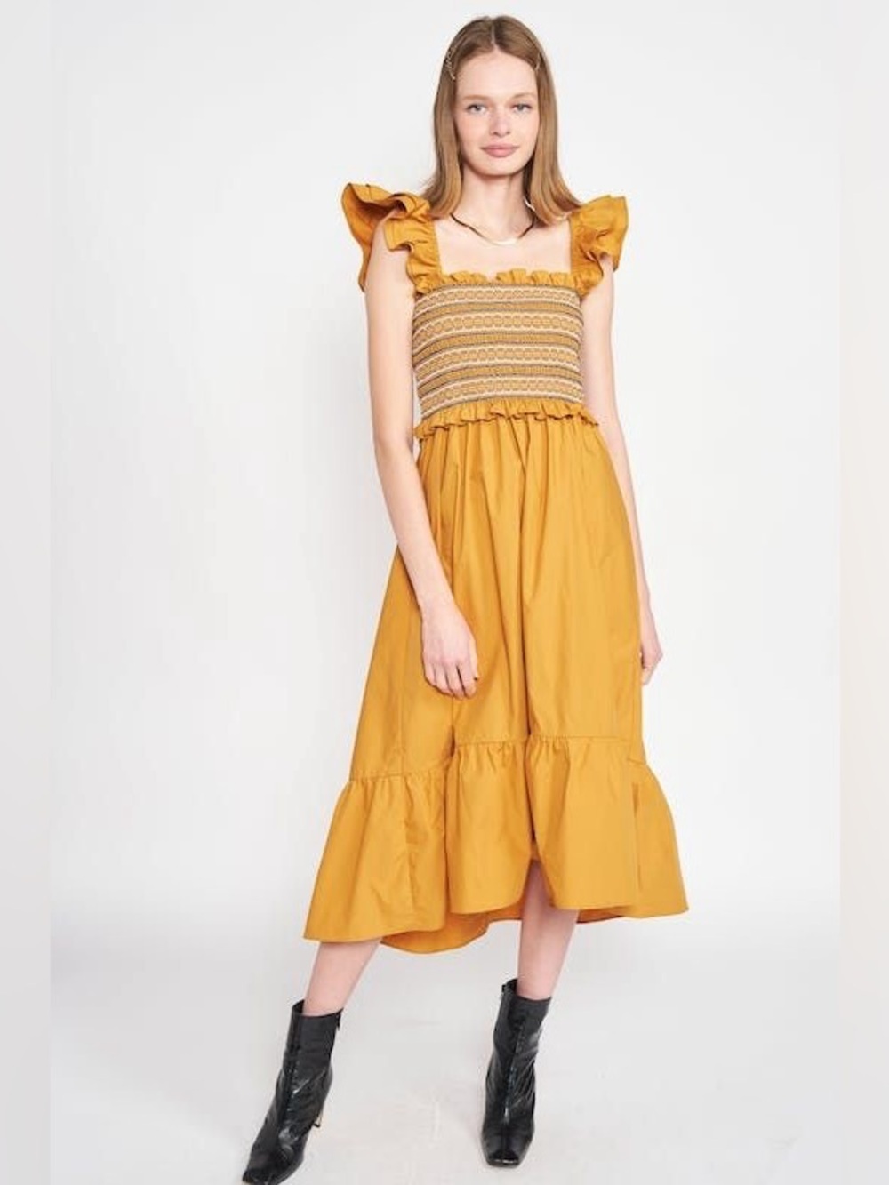 NWT Anthropologie En Saison Mustard Smocked Tiered Sundress Women’s Medium